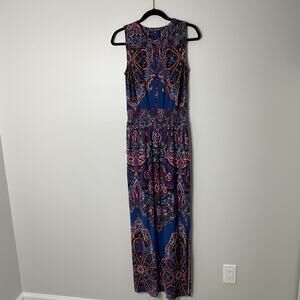 Adrianna Papell Blue Red Tropical Paisley Sleeveless Resortwear Maxi Dress Small
